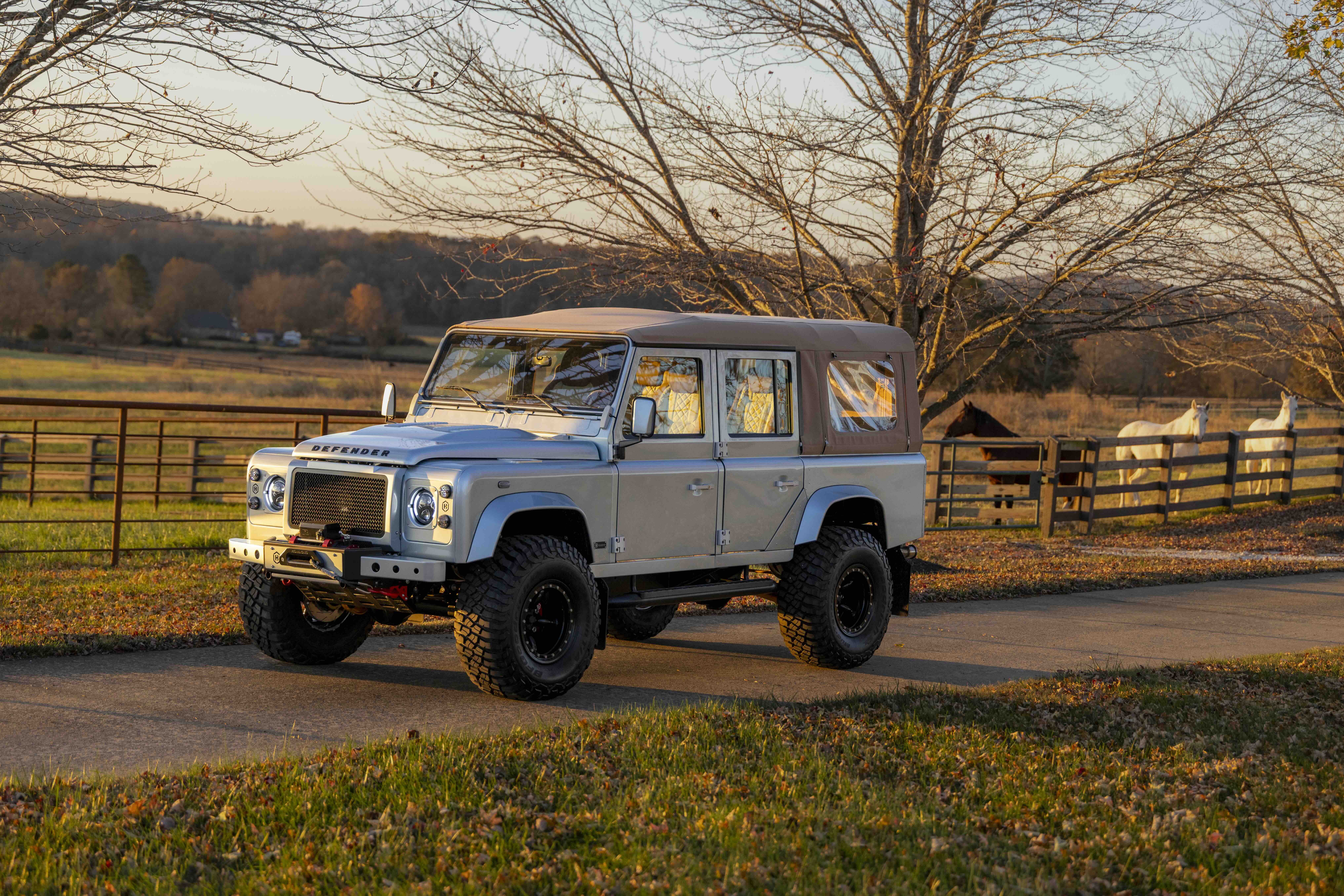 The Helderberg Land Rover in a field with autumn evening light