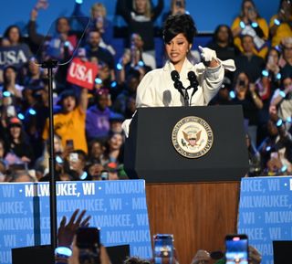 Cardi B delivered remarks at a campaign rally in support of Vice President of the United States Kamala Harris at Wisconsin State Fair Park Exposition Center in West Allis, Wisconsin, United States.