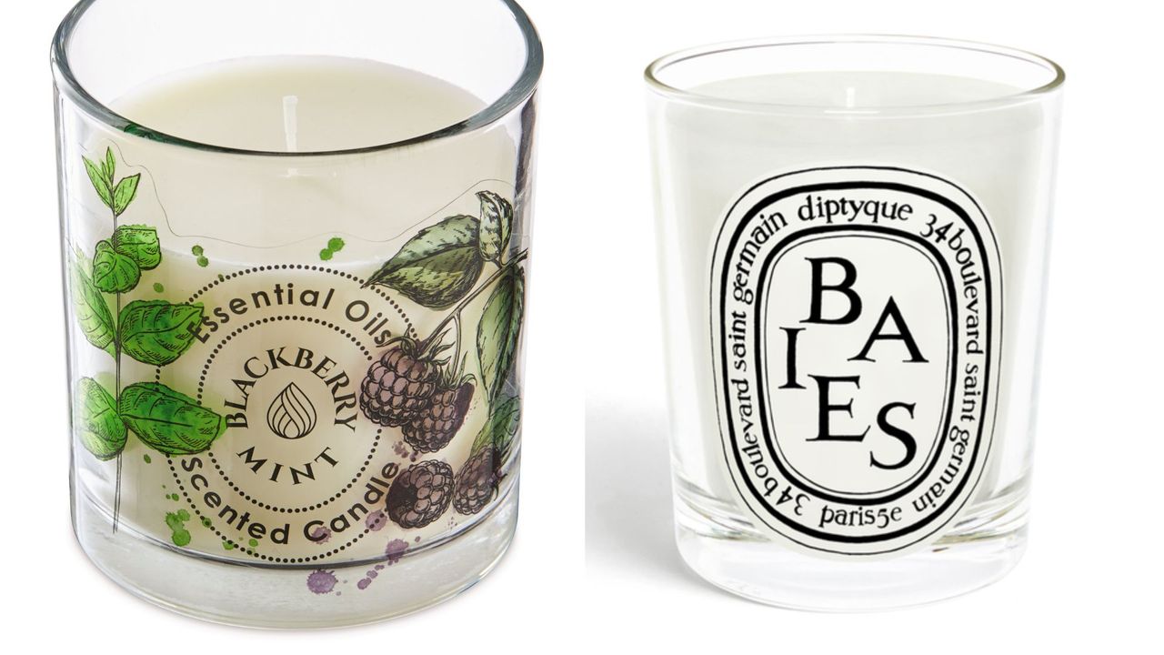 Aldi scented candle next to Diptyque candle