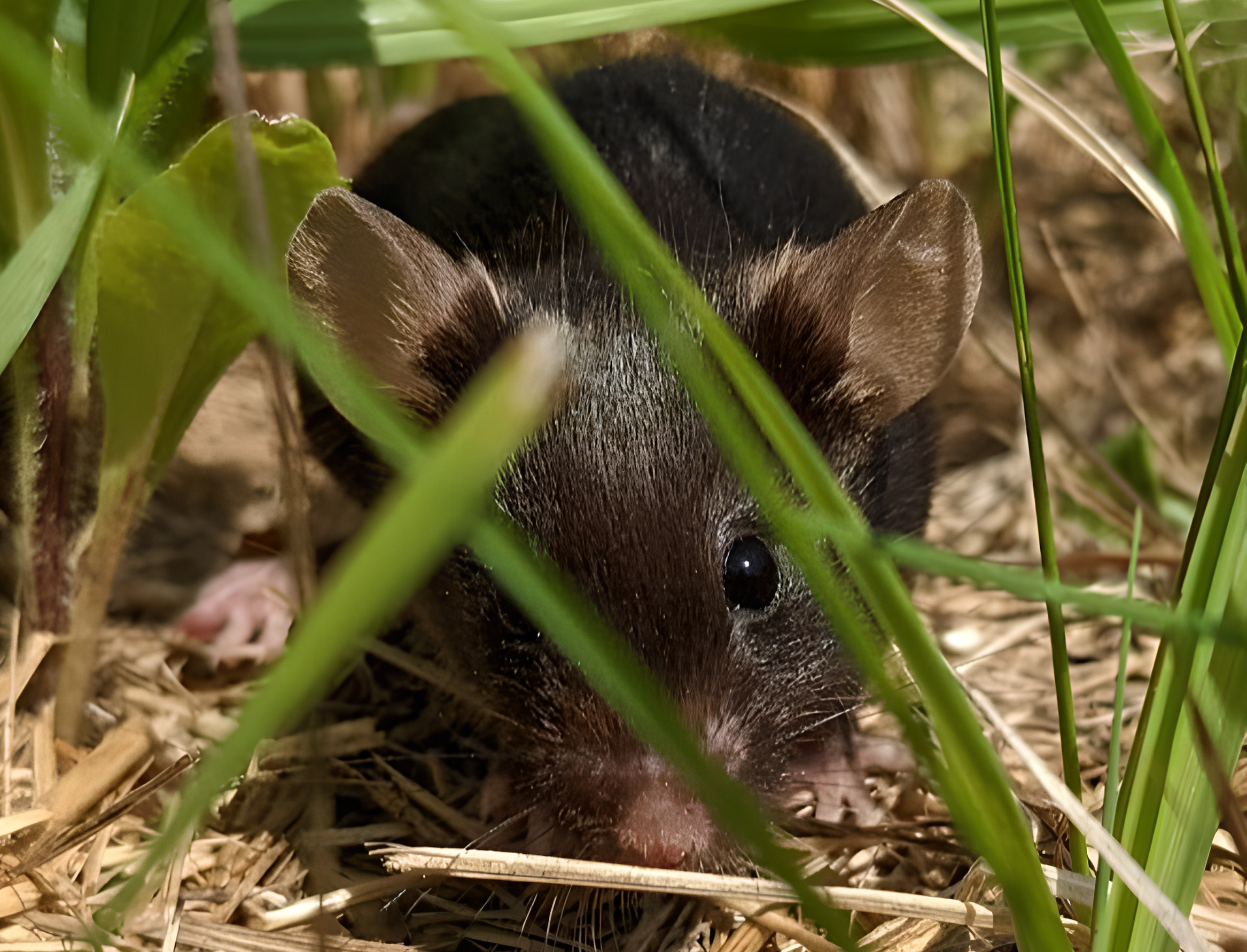 Photo of a black mouse crouched in grass.