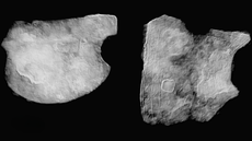 Two X-ray scans of metal objects that came from a Roman-era helmet. Both are irregularly shaped, and one has incised lines and shapes on it as decoration.