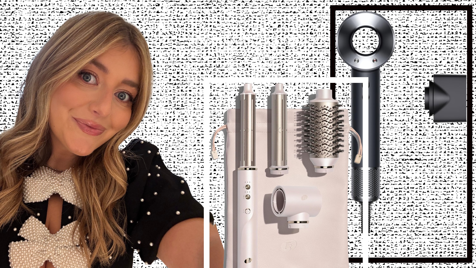 girl with blowout next to hair dryers