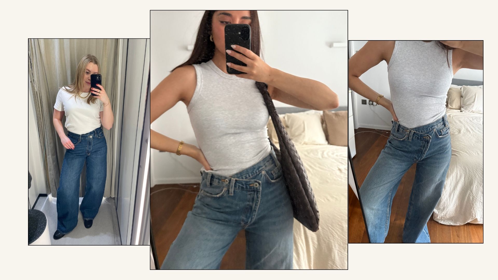 Shopping editors Marina Avraam and Florrie Alexander wearing the Zara cross-over jeans