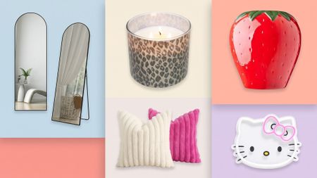 A mirror, a candle, some cushion covers, a Hello Kitty sign and a strawberry vase.