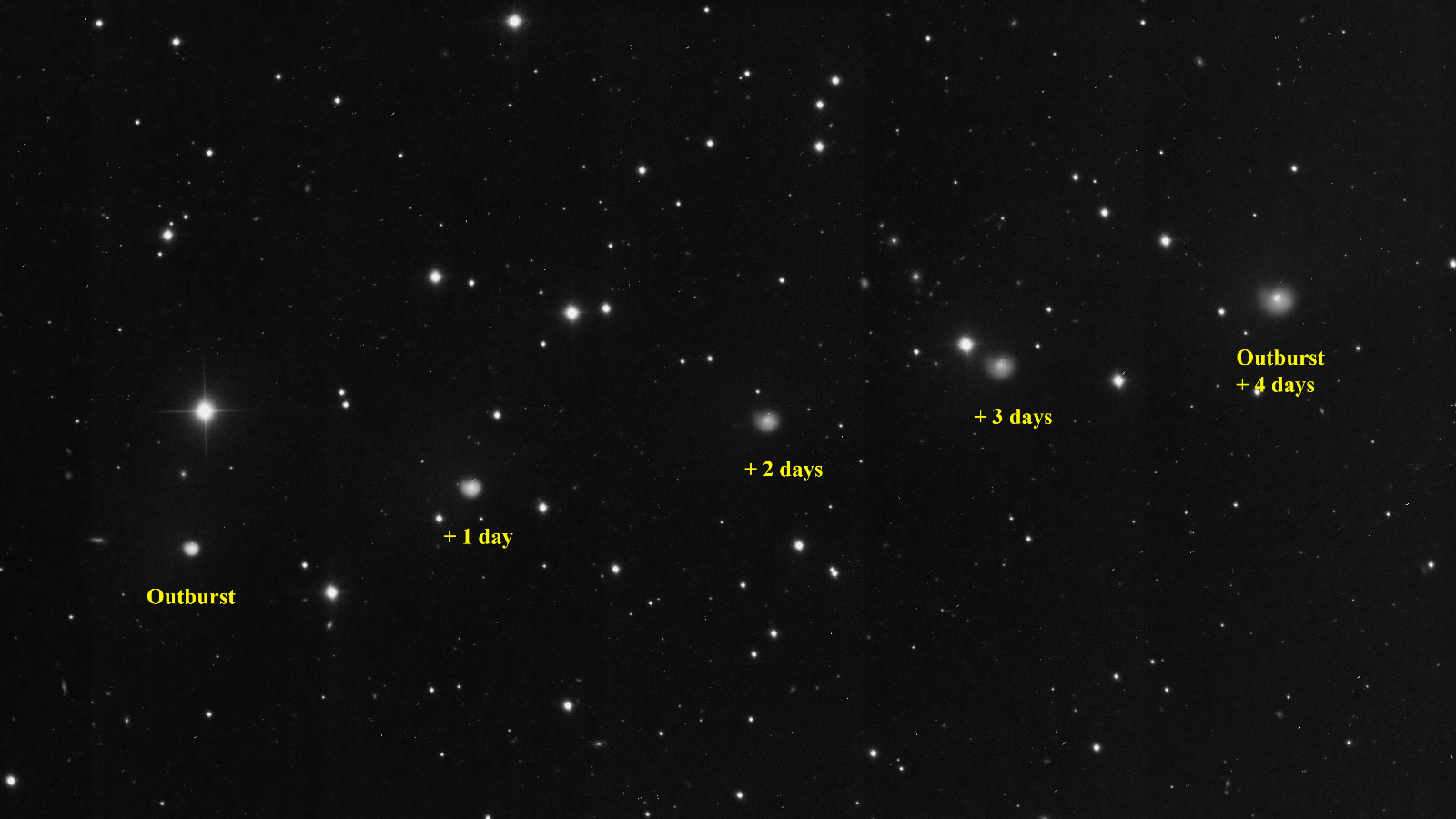 都市ほどの大きさの冷たい火山彗星、大規模な爆発的噴火の後、輝く「カタツムリの殻」に変わる