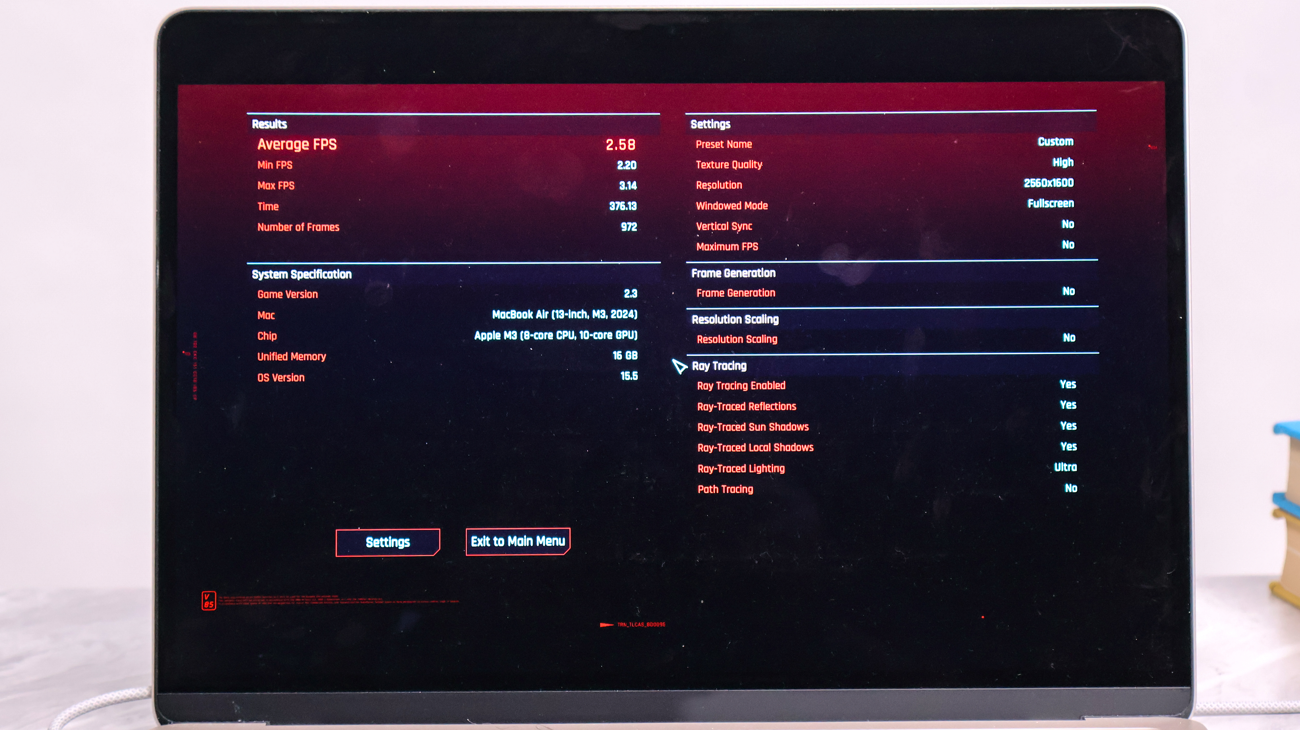 Cyberpunk 2077: Ultimate benchmark running on a MacBook