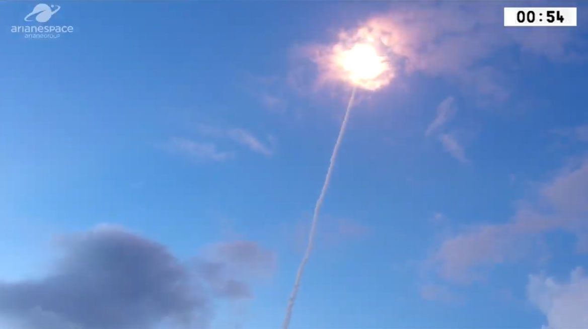 The Ariane 5 rocket soars into the sky 54 seconds after lifting off from the Guiana Space Center in French Guiana, on Nov. 26.