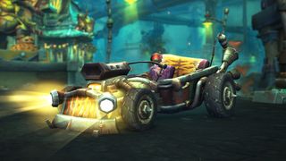 A ramshackle hotrod made by goblins in Warcraft idling on a road at night