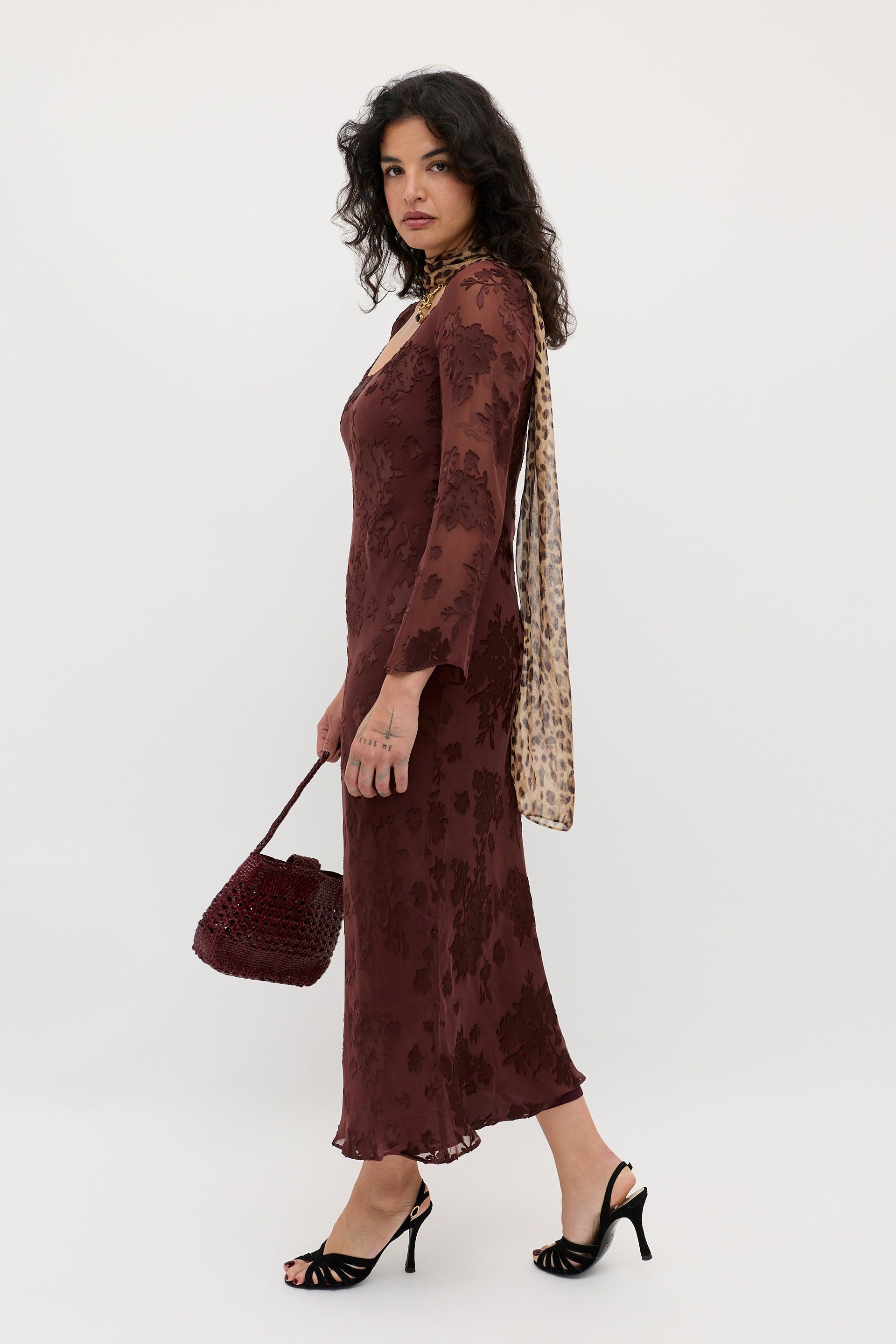 Noraya Silk-Satin Devor&eacute; Midi Dress in Bouquet Devor&eacute; Brown