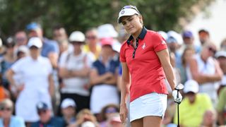 Lexi Thompson reacts to a putt during the first day of the 2023 Solheim Cup