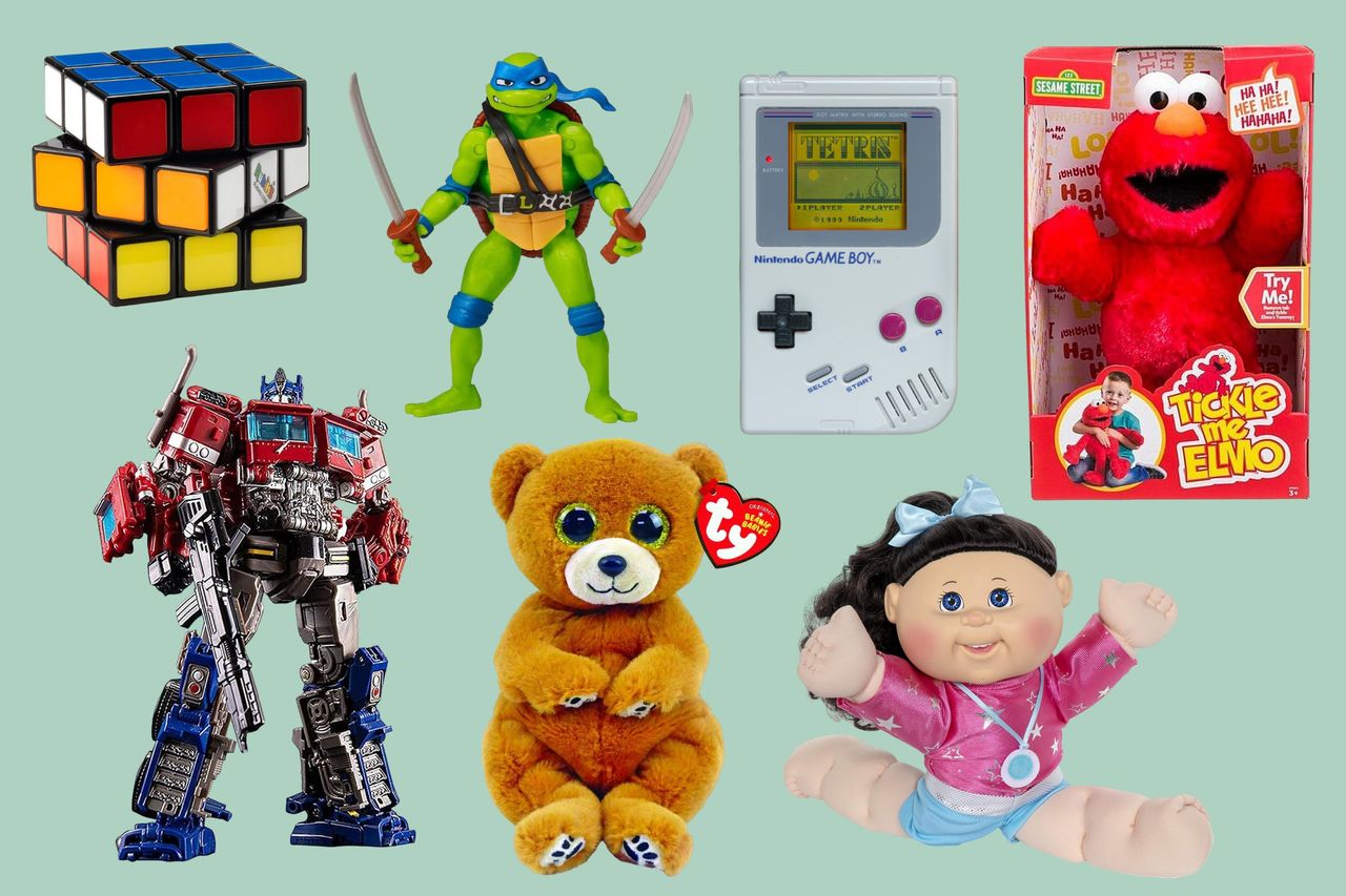 Nostalgic toys collage showing toys that millennials loved, including Beanie Babies, a GameBoy and a Rubik&#039;s Cube