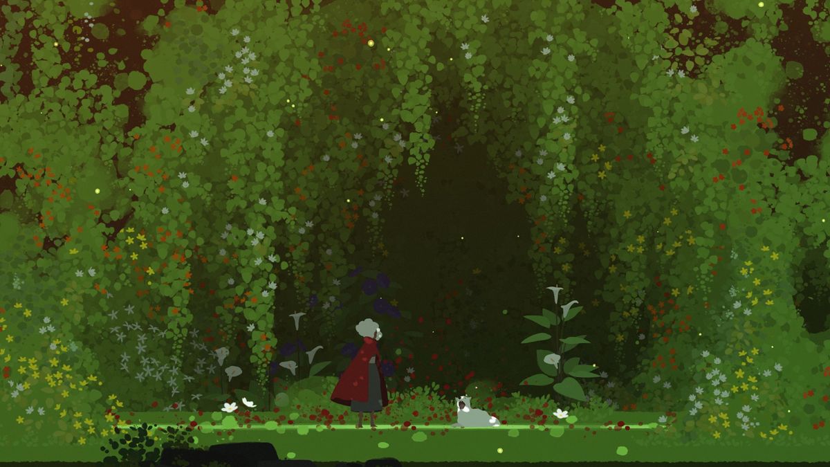 A girl in a red cloak meets a white dog in a forest.