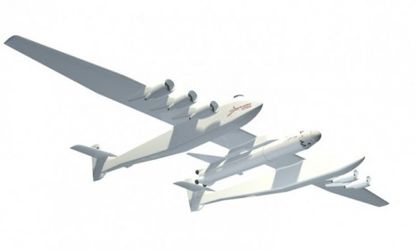 This massive, in-development carrier plane would take off on a 12,000-foot runway and fly into the stratosphere, where it would launch rockets into orbit.