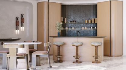 A hotel dining area designed in soft, earthy colors features mid-century modern furniture including wooden and upholstered stools, minimalist, sculptural chairs and tables, and a linearly drawn bar counter.