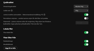 En skärmdump som visar inställningarna för ljudkvalitet och lokala filer i Spotify.