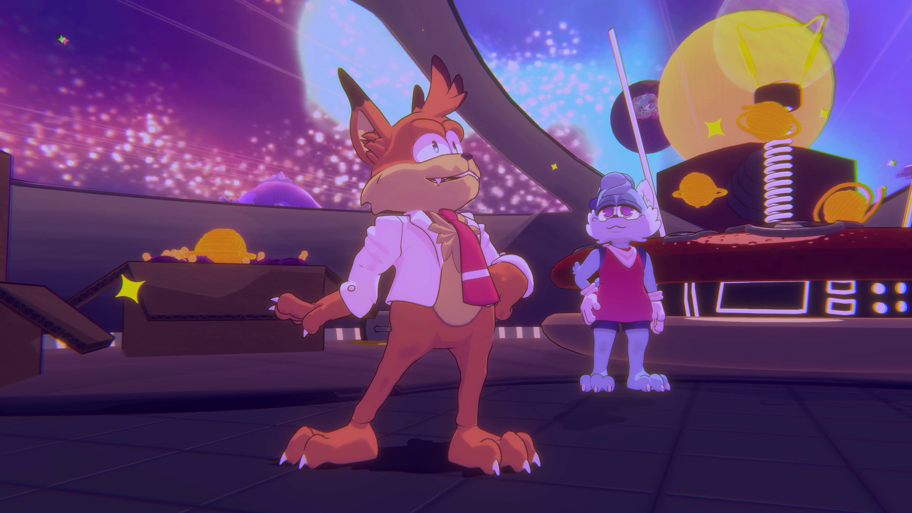 Bubsy wears his new white shirt and red tie outfit in Bubsy 4D within a spaceship