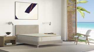 The Saatva Zenhaven mattress on a bed frame in a luxury room with a view out to sea