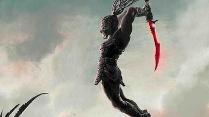 A Yautja warrior leaping at an alien monster with his sword raised