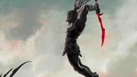 A Yautja warrior leaping at an alien monster with his sword raised