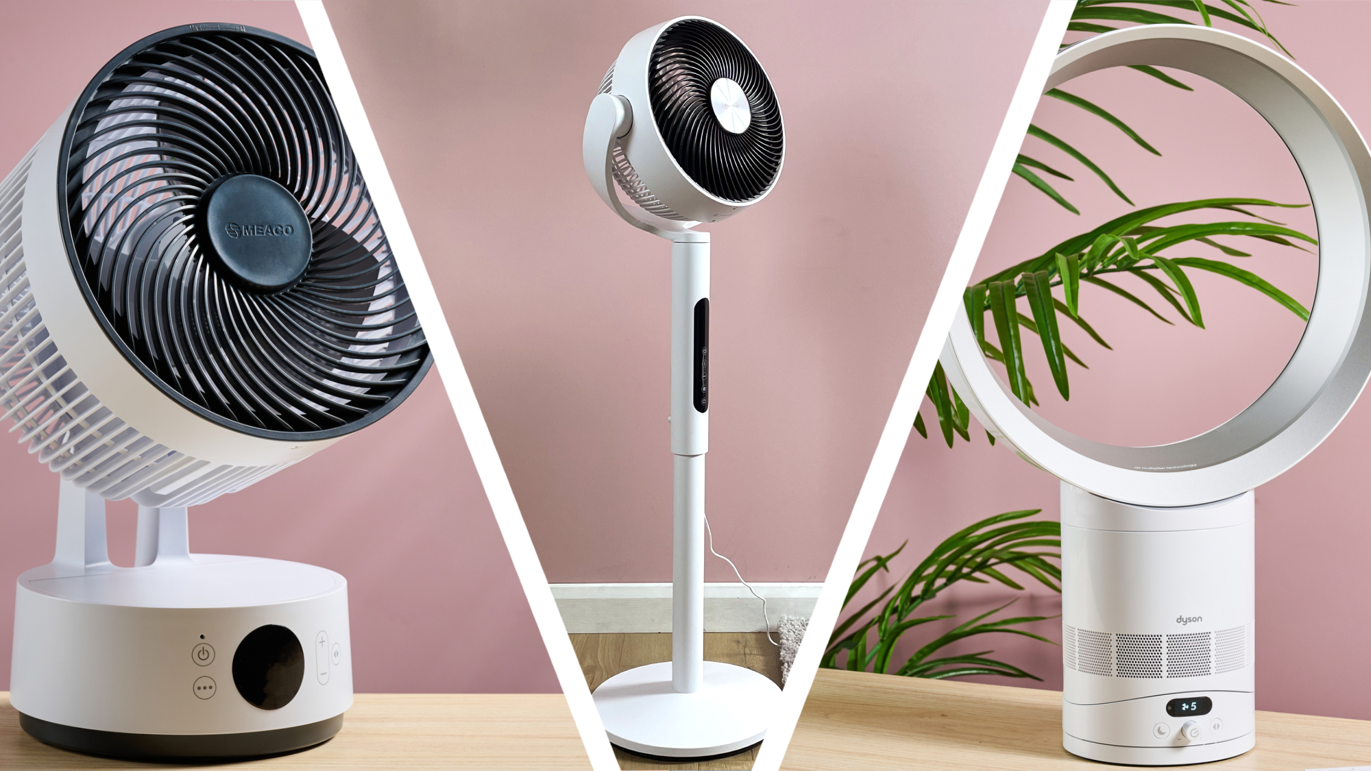 The image is split into three parts, with each section showing a different fan.