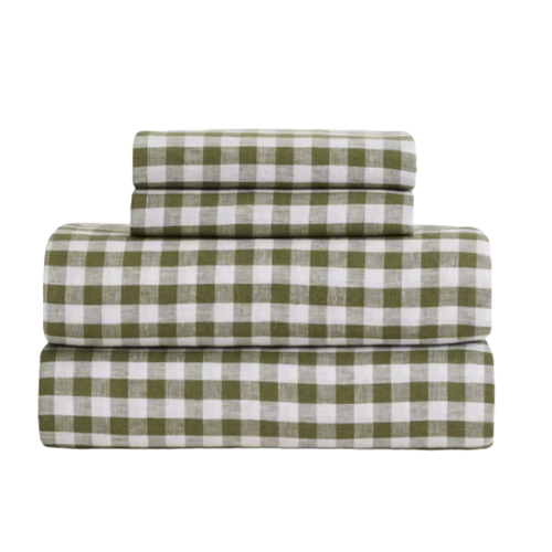 European Linen Stripe Sheet Set in Olive Gingham