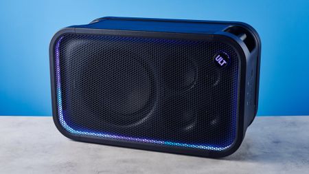 A black Sony ULT Tower 7 party speaker
