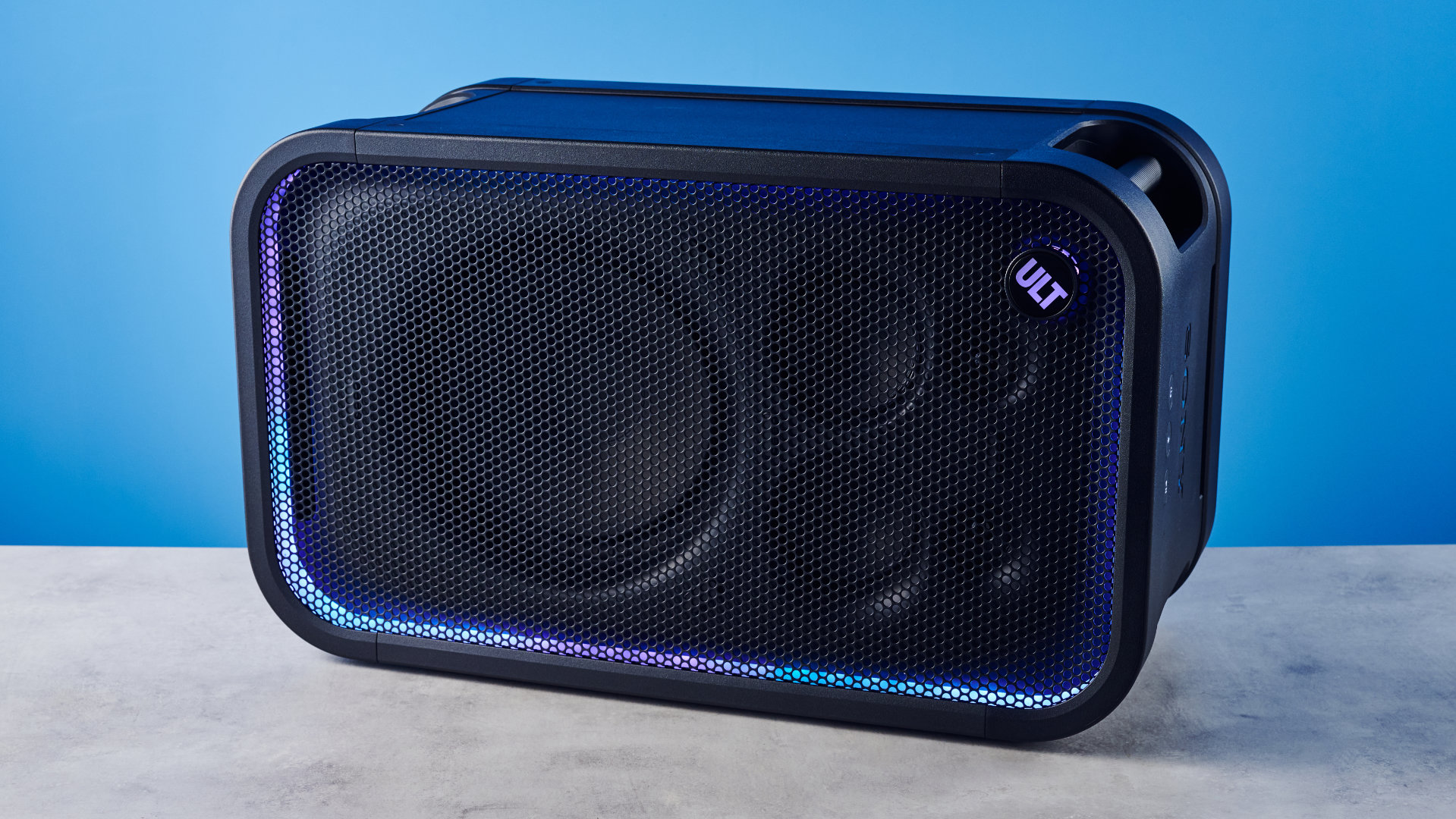 A black Sony ULT Tower 7 party speaker