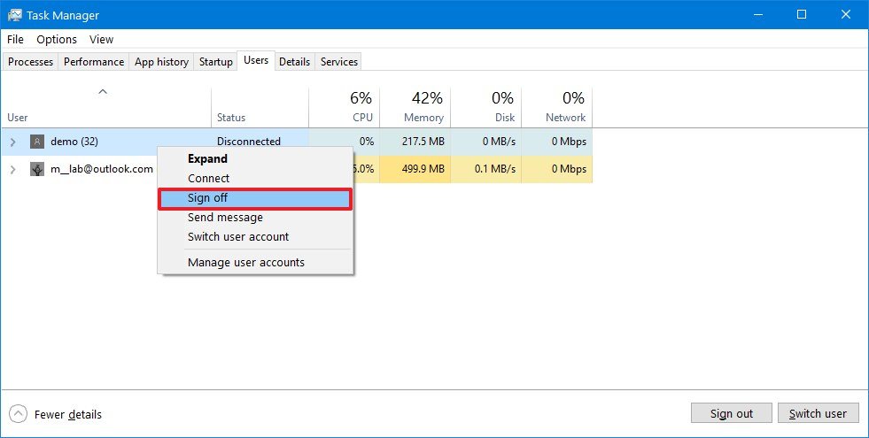 Task Manager Sign off user option