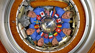 The Expedition 52 crew poses for a portrait at the International Space Station. Pictured clockwise from top right: Paolo Nespoli, Jack Fischer, Peggy Whitson, Sergey Ryazanskiy, Randy Bresnik and Fyodor Yurchikhin.