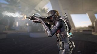 XDefiant promo image - woman in a commando-style outfit firing a rifle