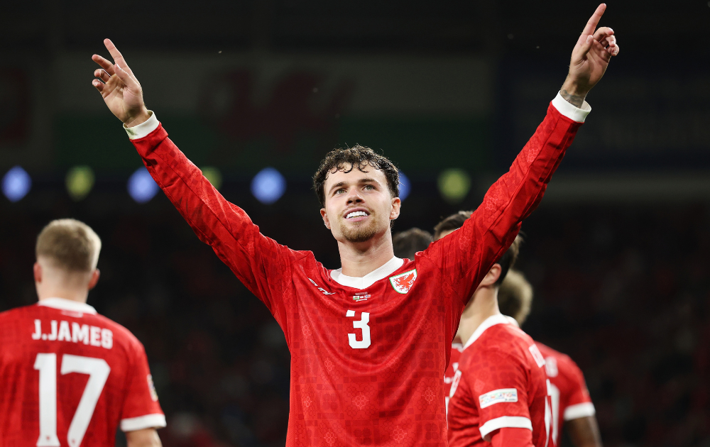 Neco Williams of Wales celebrates scoring his team&rsquo;s second goal during the UEFA Nations League 2026/27 group phase match between Wales and Norway at Cardiff City Stadium