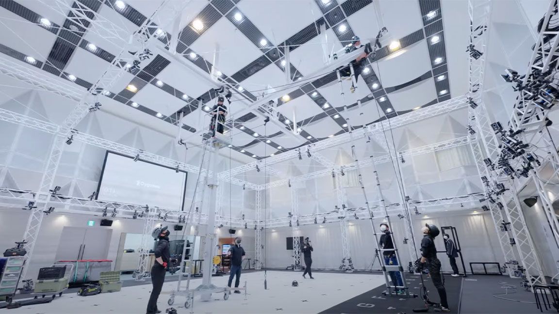 Cygames mocap studio visit; people in a large mocap studio