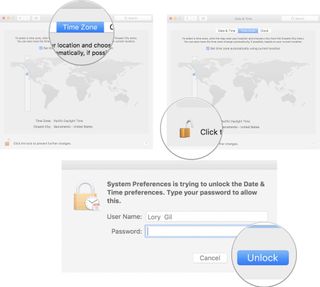 To manually change the time zone, click time zone, then click the lock, then click unlock