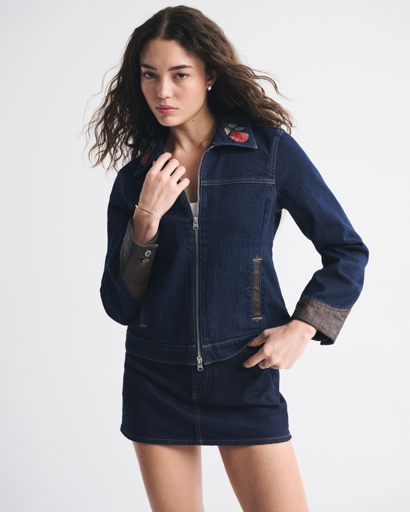 Embroidered Denim Zip-Up Jacket