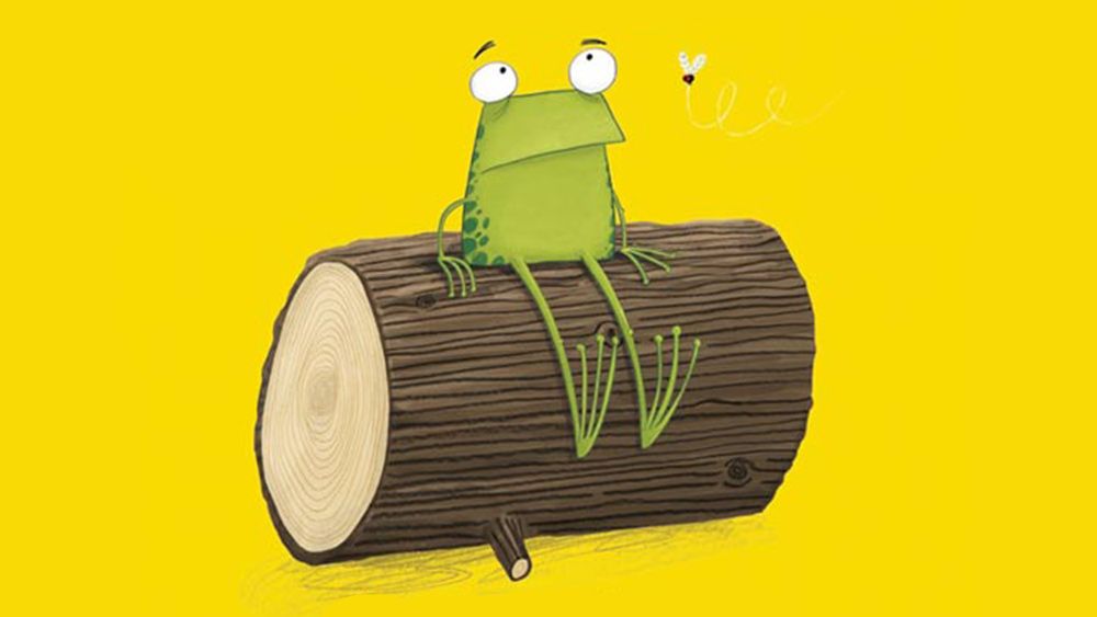 An illustration of a frog sitting on a log from children&#039;s book illustrator Jim Field&#039;s book Oi Frog!