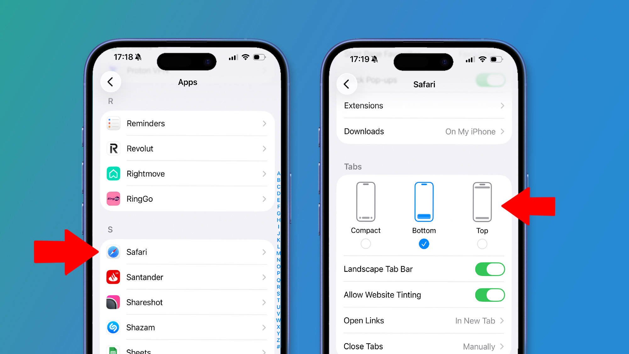 Two iPhones on a green and blue background showing iOS 26 settings