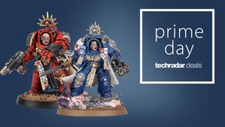 Two Warhammer Minis against a blue background with TRG prime day graphic