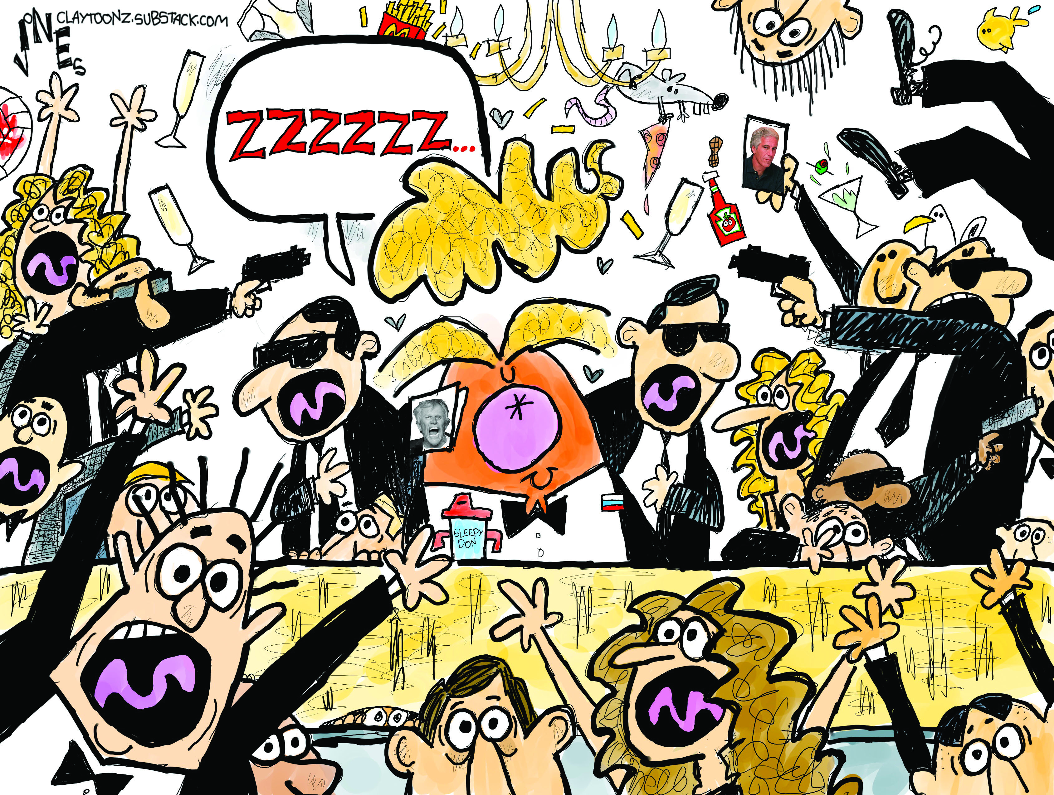 This cartoon depicts an incredibly frantic scene in the ballroom during the White House Correspondent&amp;rsquo;s Dinner. Men in tuxedos and women in dresses scream and raise their arms. Secret Service agents in sunglasses have guns drawn. Meanwhile, Donald Trump sits at the table sleeping and says &amp;ldquo;Zzzzzzzz.&amp;rdquo;