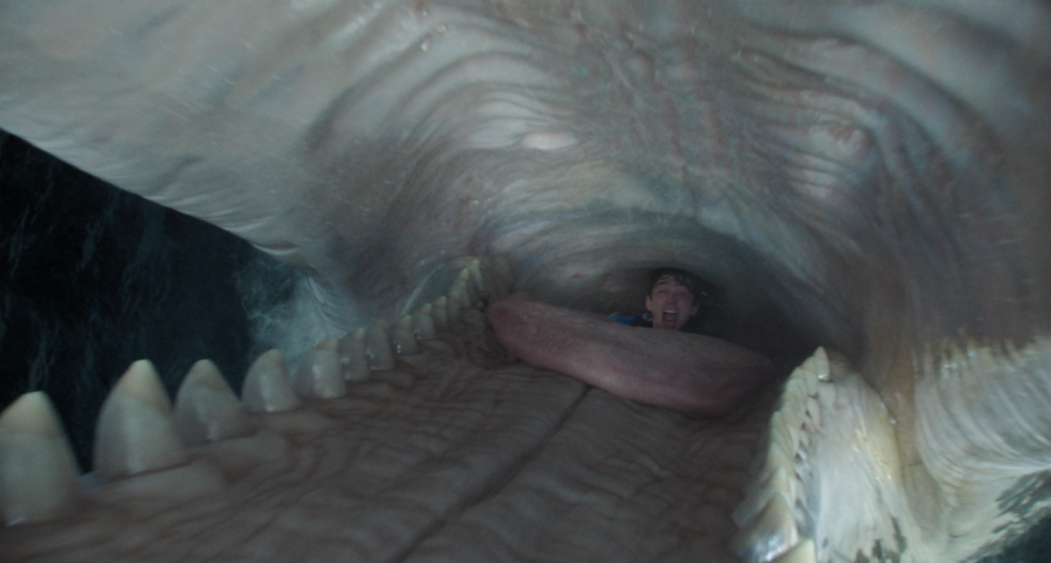 Austin Abrams' character screaming from inside a whale's throat in Whalefall