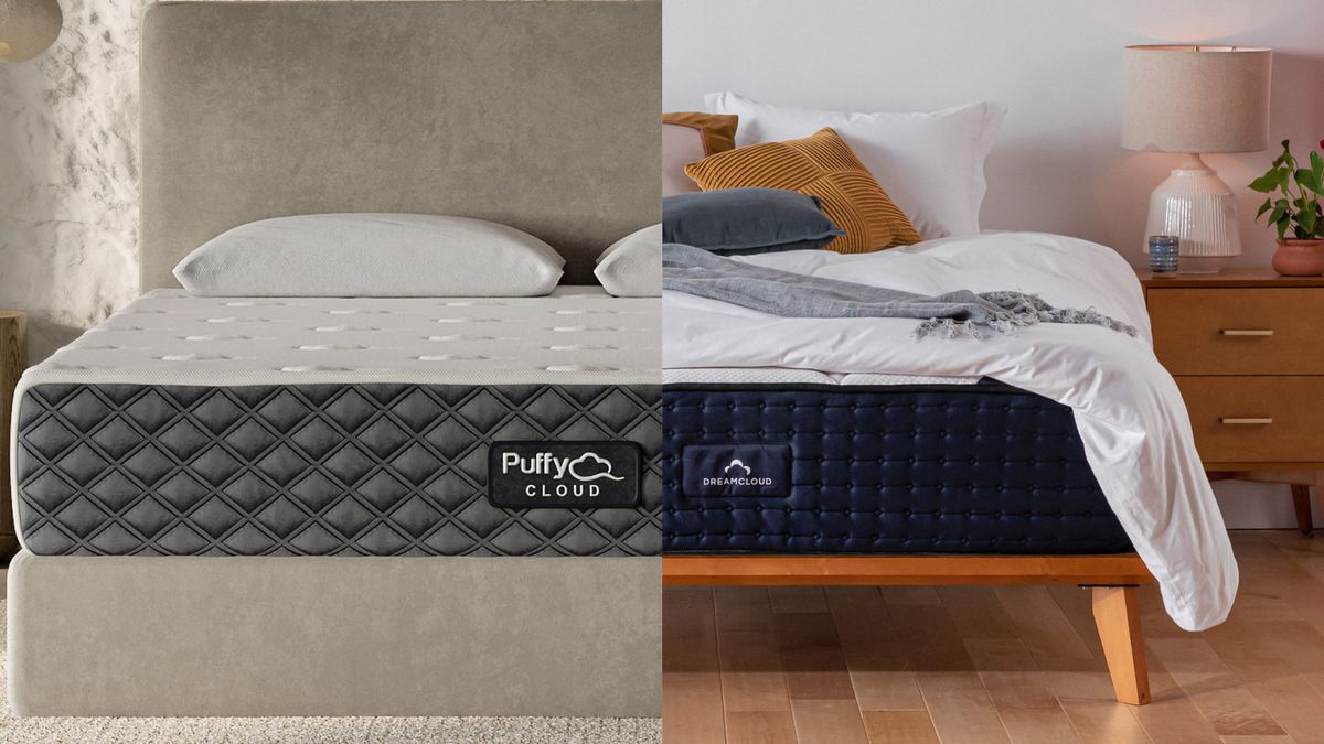 The Puffy Cloud Mattress on a bed frame (left) and the DreamCloud Luxury Hybrid Mattress on a bed frame (right)