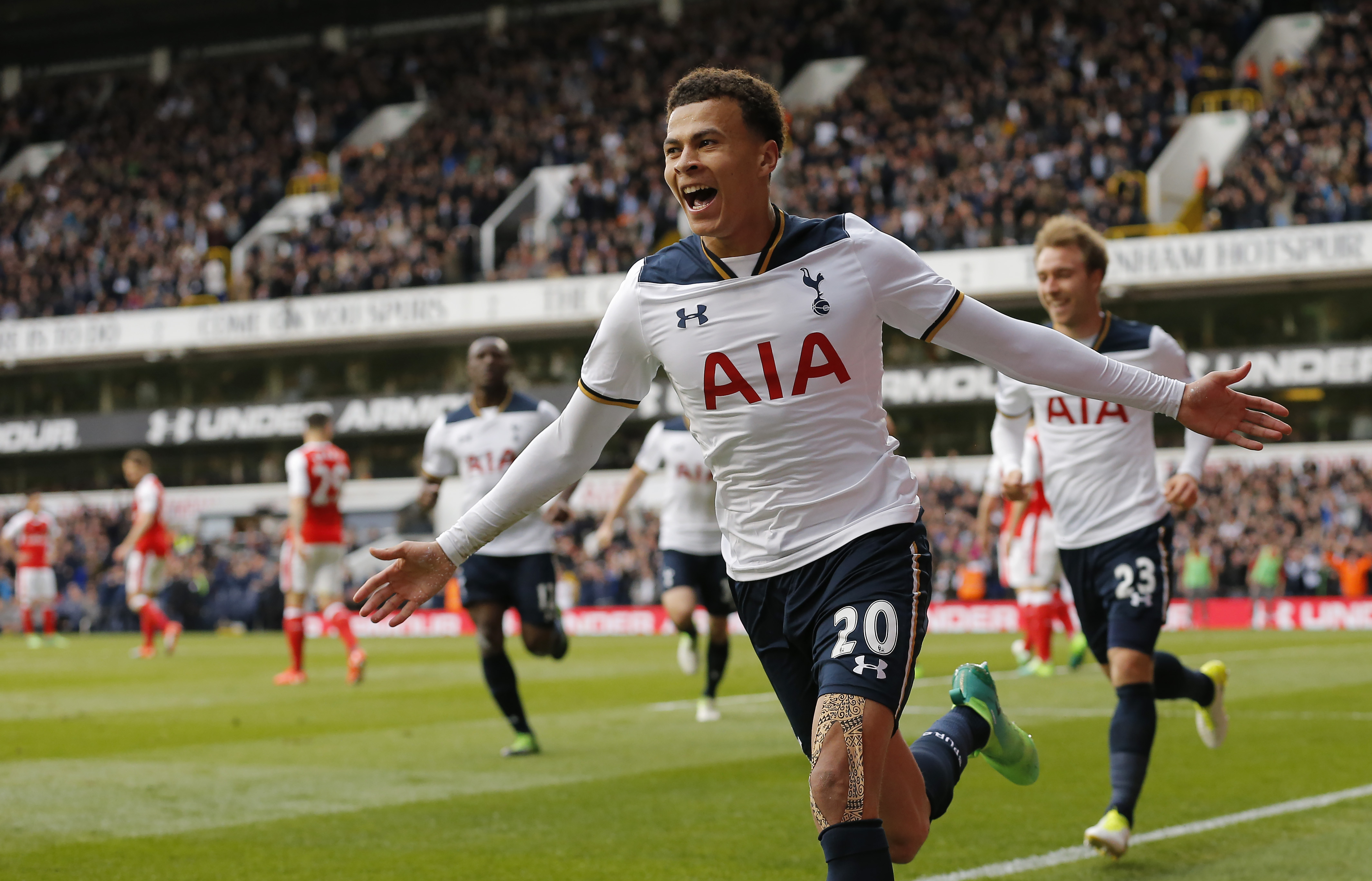 Dele Alli celebrates after scoring for Tottenham against Arsenal in the last-ever North London derby at White Hart Lane in April 2017.