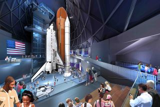 Artist rendering of the space shuttle Endeavour standing vertically inside a large, gray-walled room with visitors looking on.