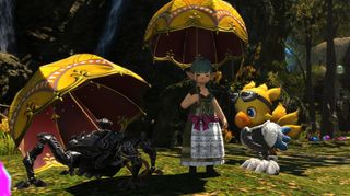 A lalafell in the 2025 Hatching-tide Final Fantasy 14, she is holding the Archon Egg Parasol with Alpha and Omega standing beside her.