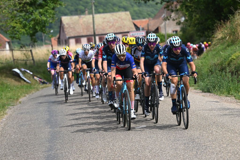 ROSHEIM FRANCE JULY 29 LR Audrey CordonRagot of France and Team Trek Segafredo Annemiek Van Vleuten of Netherlands and Sheyla Gutierrez Ruiz of Spain and Movistar Team lead the peloton during the 1st Tour de France Femmes 2022 Stage 6 a 1286km stage from SaintDidesVosges to Rosheim TDFF UCIWWT on July 29 2022 in Rosheim France Photo by Dario BelingheriGetty Images