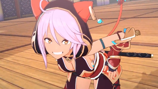 The protagonist of Machina of the Planet Tree: Mugen Ourokaku, wears a smug grin as she stares at the viewer.