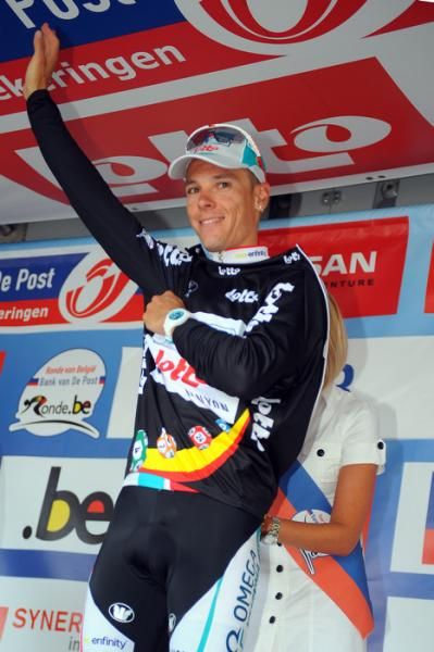 Philippe Gilbert (Omega Pharma-Lotto) dons the black leader's jersey at Tour of Belgium