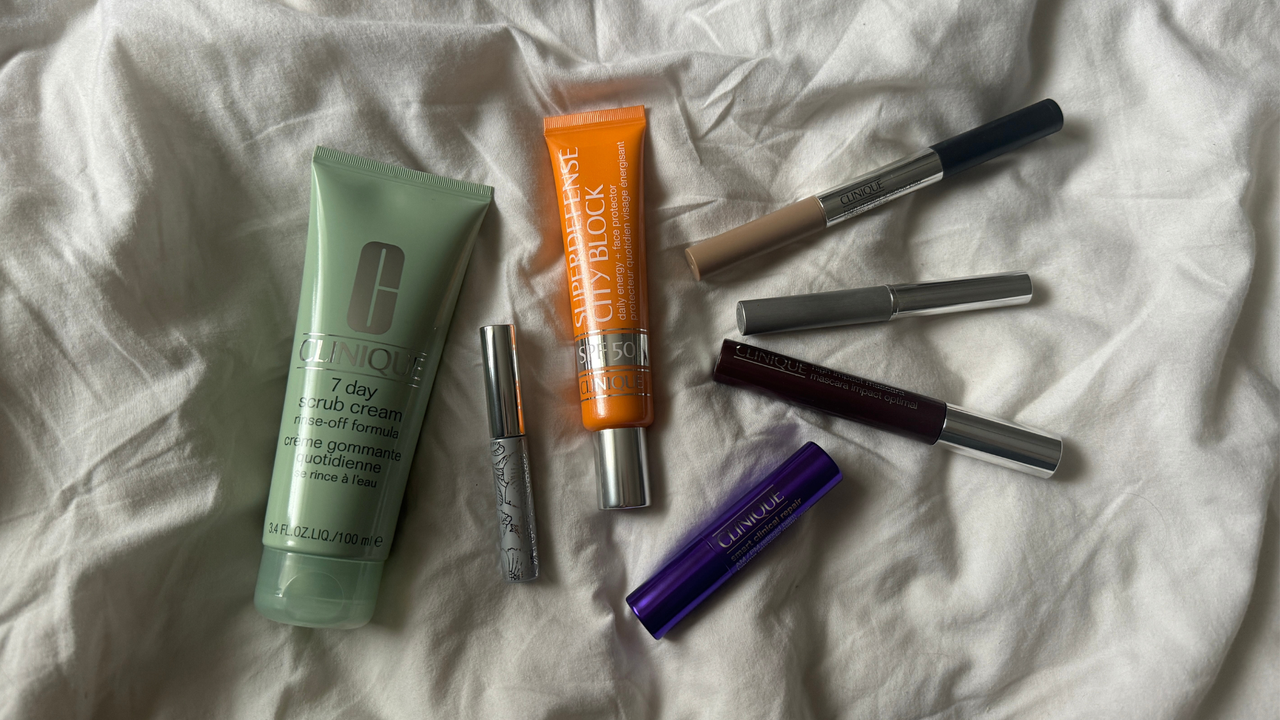 a flatlay of the Best Clinique Products chosen by Rebecca Fearn