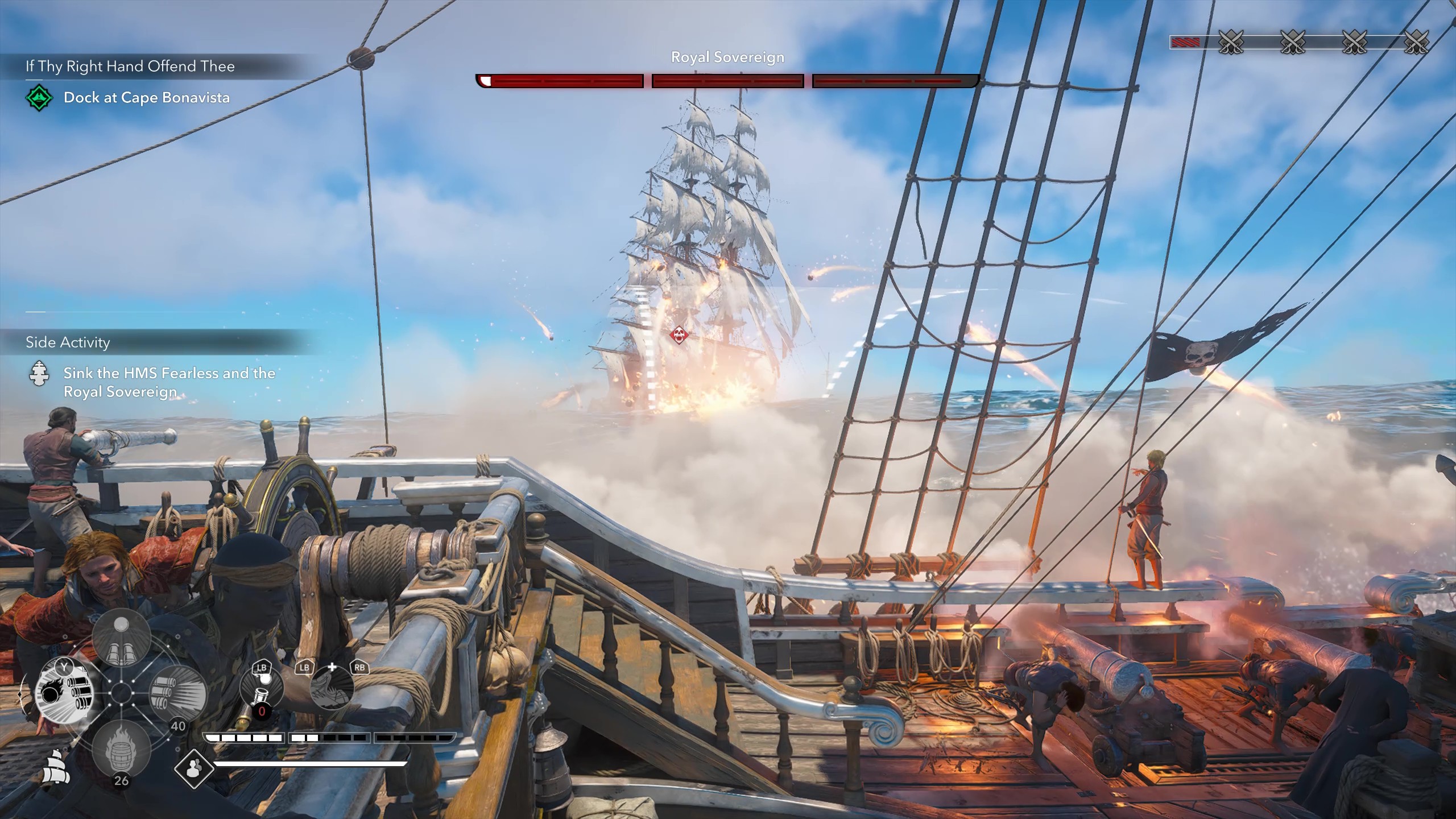 Gameplay of naval combat showing the player trading gunfire against HMS Fearless.