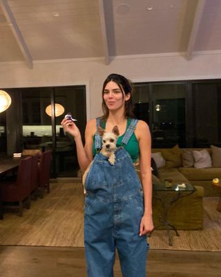 Kendall Jenner wearing a green sports bra and overalls with a dog.