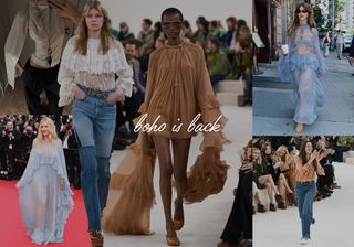 a collage of celebrity and fashion influencer images featuring 2024's boho trend